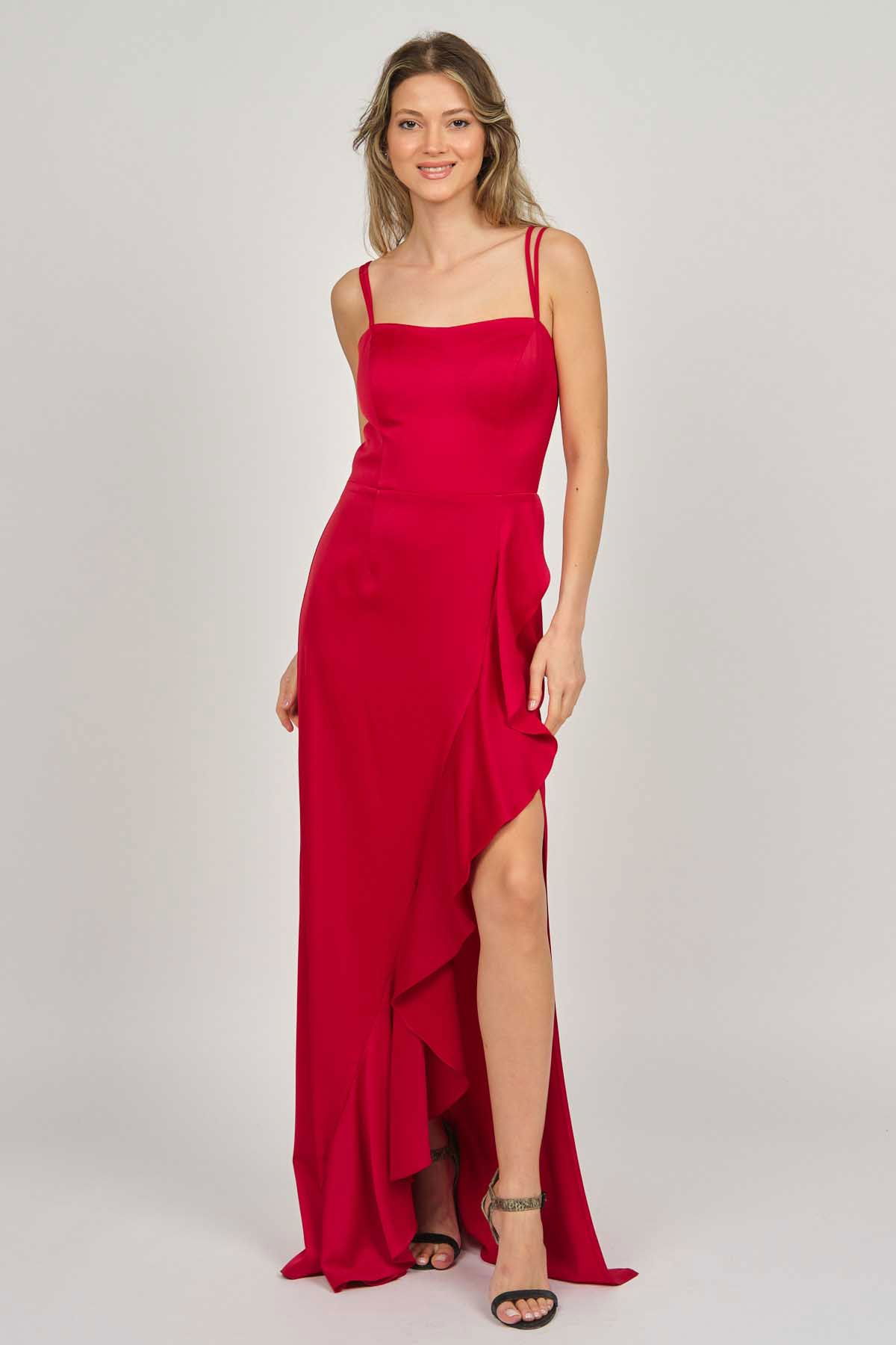 Doridorca Kadın Volanlı Derin Yırtmaçlı Abiye Elbise 5922010 Kırmızı - 6