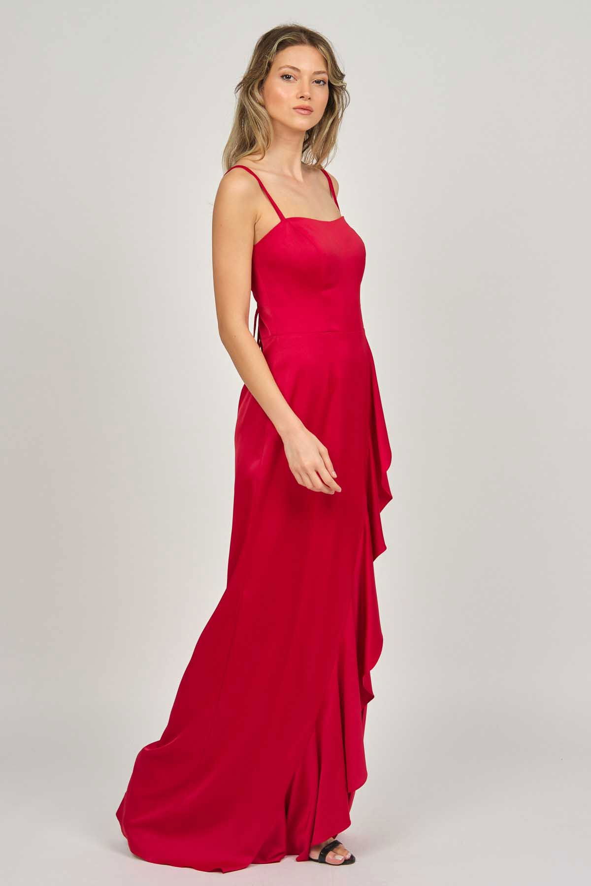 Doridorca Kadın Volanlı Derin Yırtmaçlı Abiye Elbise 5922010 Kırmızı - 7