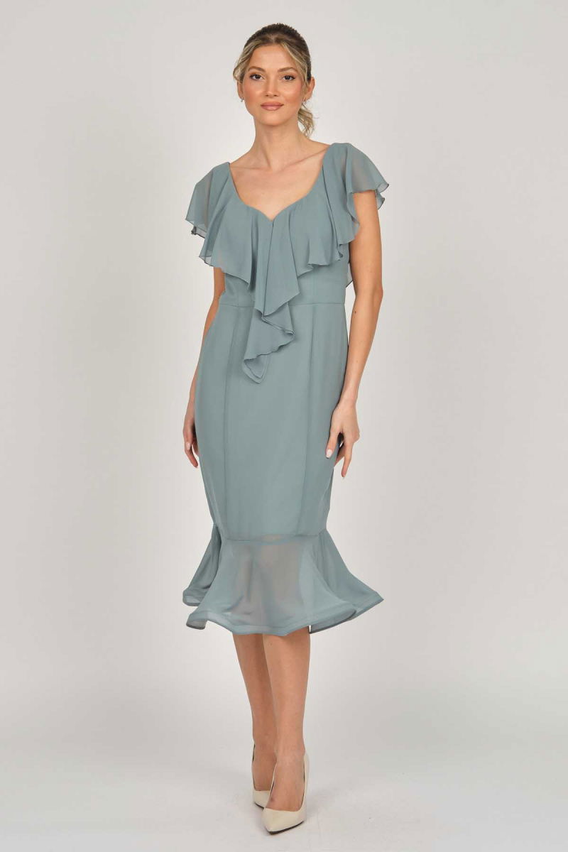 Doridorca Kadın Volanlı Midi Boy Abiye Elbise 5921174 Limon Küfü - Doridorca