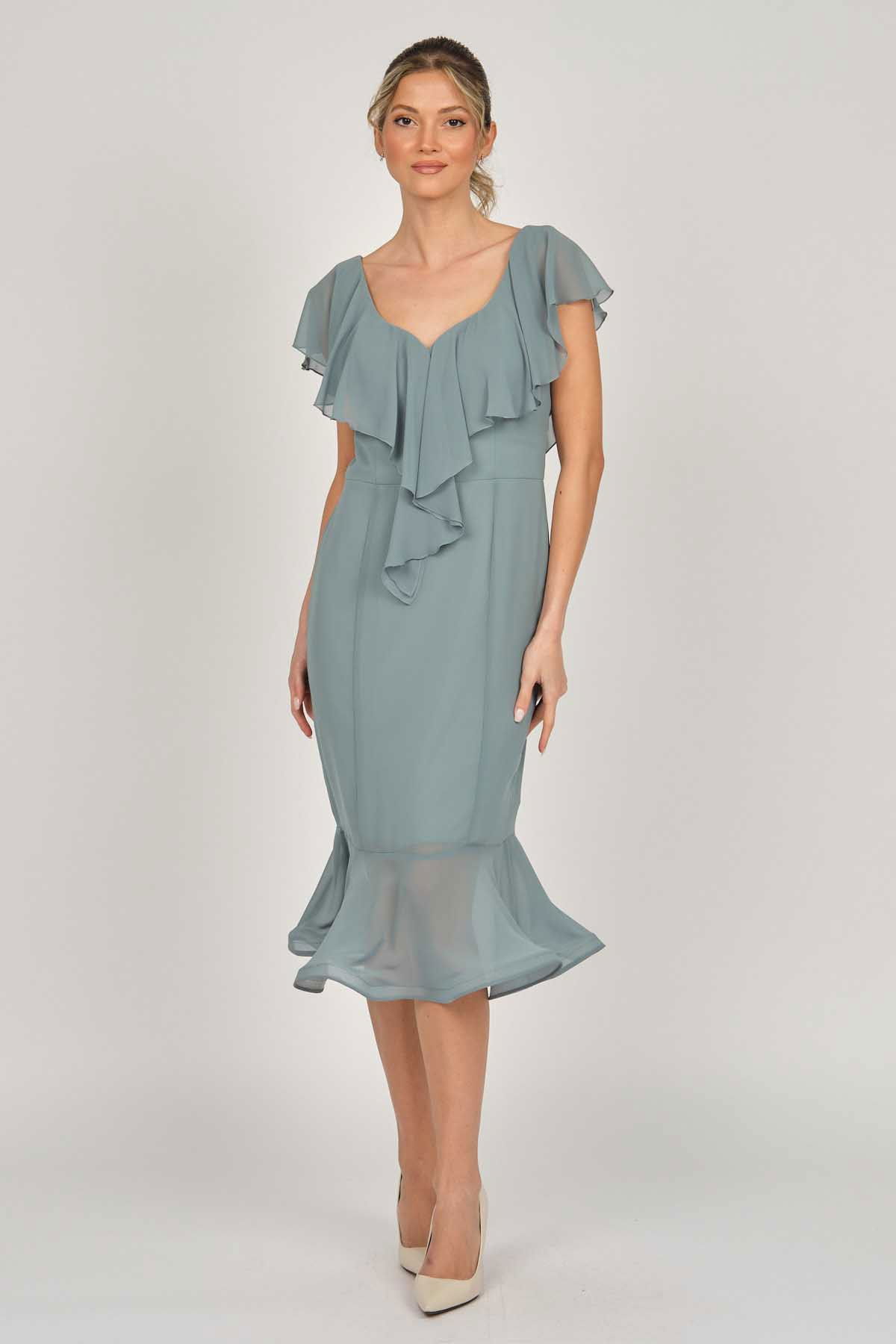 Doridorca Kadın Volanlı Midi Boy Abiye Elbise 5921174 Limon Küfü - 1