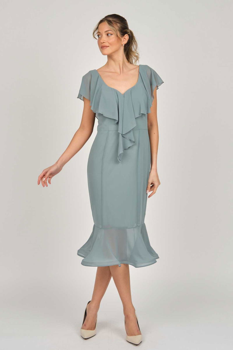 Doridorca Kadın Volanlı Midi Boy Abiye Elbise 5921174 Limon Küfü - 2