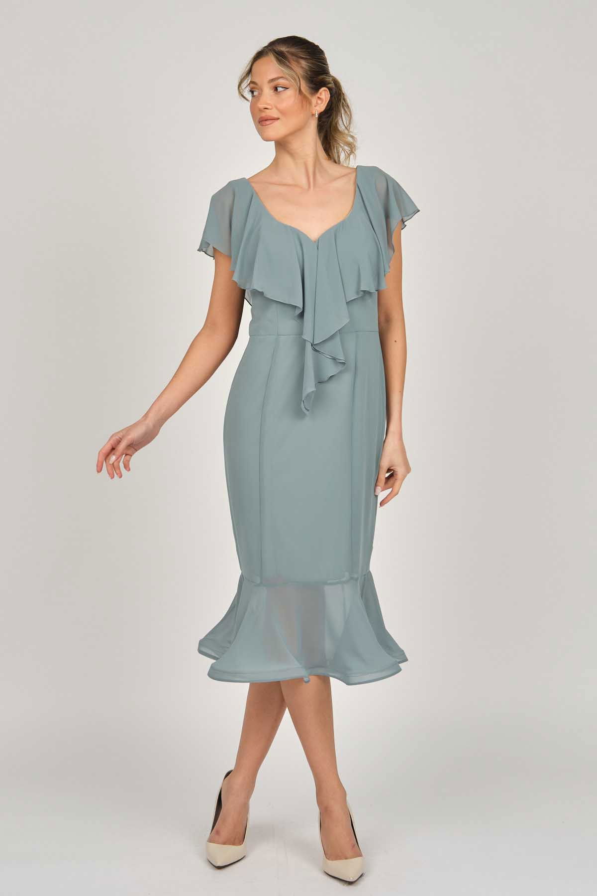 Doridorca Kadın Volanlı Midi Boy Abiye Elbise 5921174 Limon Küfü - 2