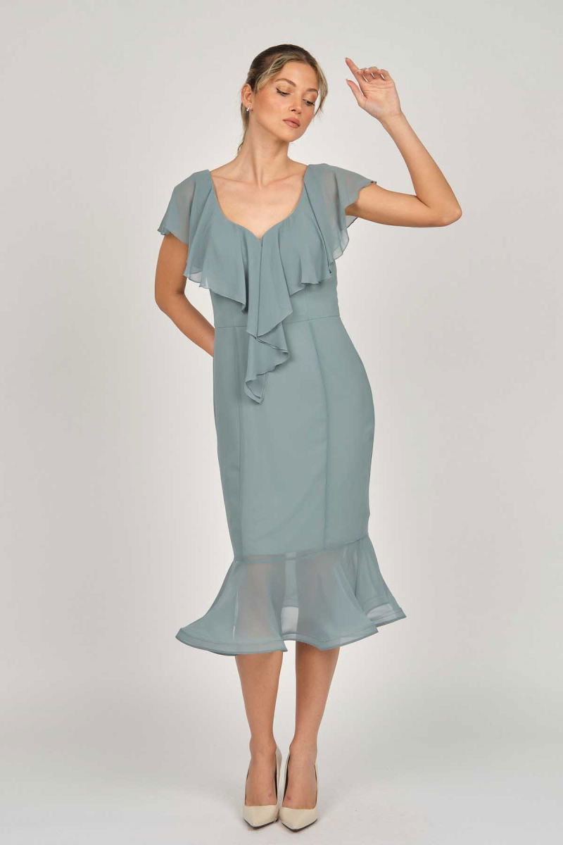 Doridorca Kadın Volanlı Midi Boy Abiye Elbise 5921174 Limon Küfü - 3