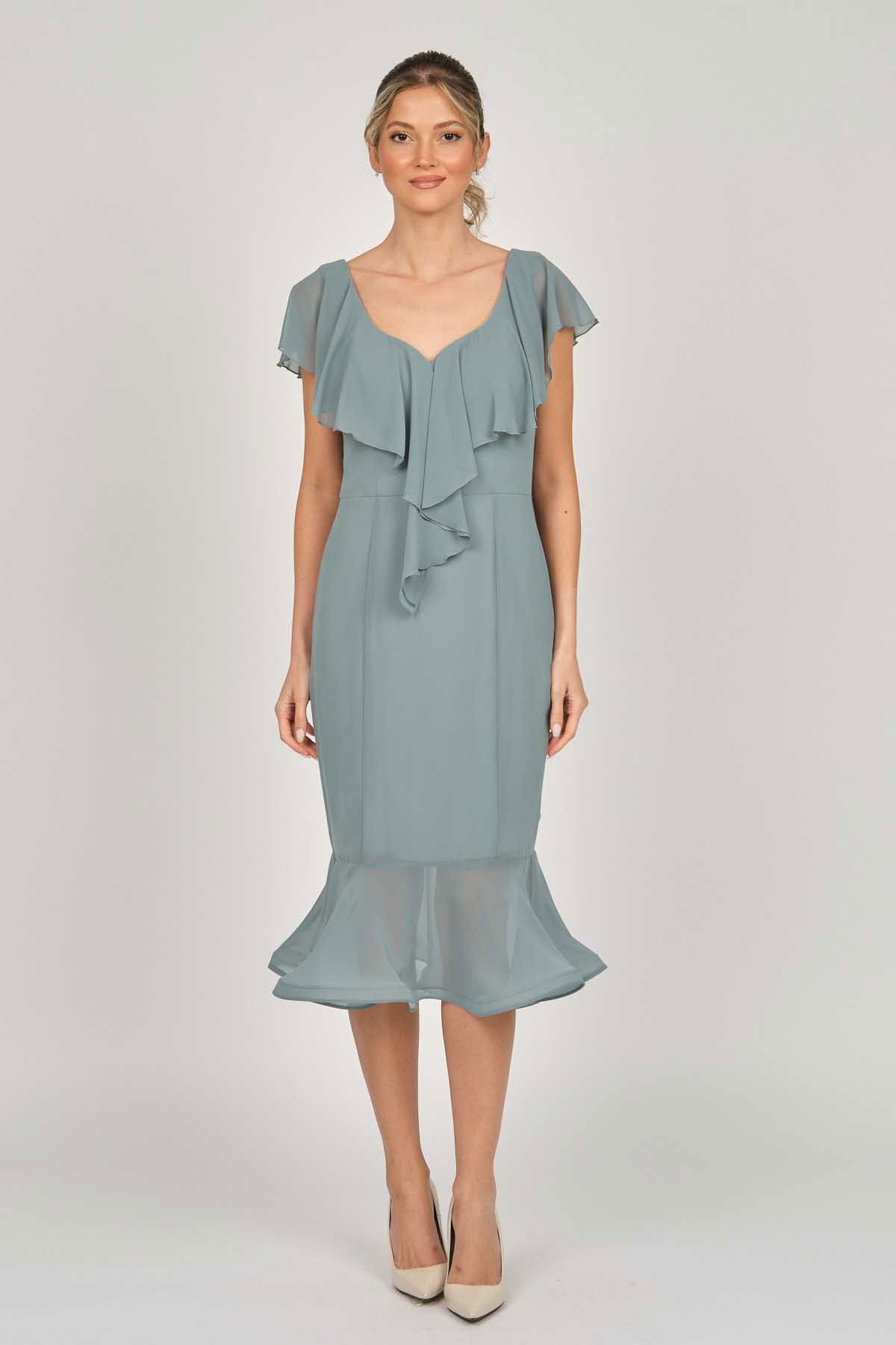 Doridorca Kadın Volanlı Midi Boy Abiye Elbise 5921174 Limon Küfü - 7