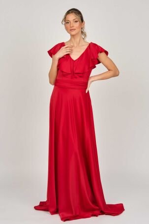 Doridorca Kadın Yakası Volanlı Saten Abiye Elbise 5921021 Kırmızı 
