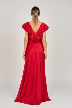 Doridorca Kadın Yakası Volanlı Saten Abiye Elbise 5921021 Kırmızı - 4