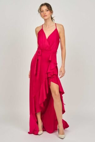 Doridorca Kadın Yırtmaç Detaylı Uzun Abiye Elbise 5921026 Kırmızı 