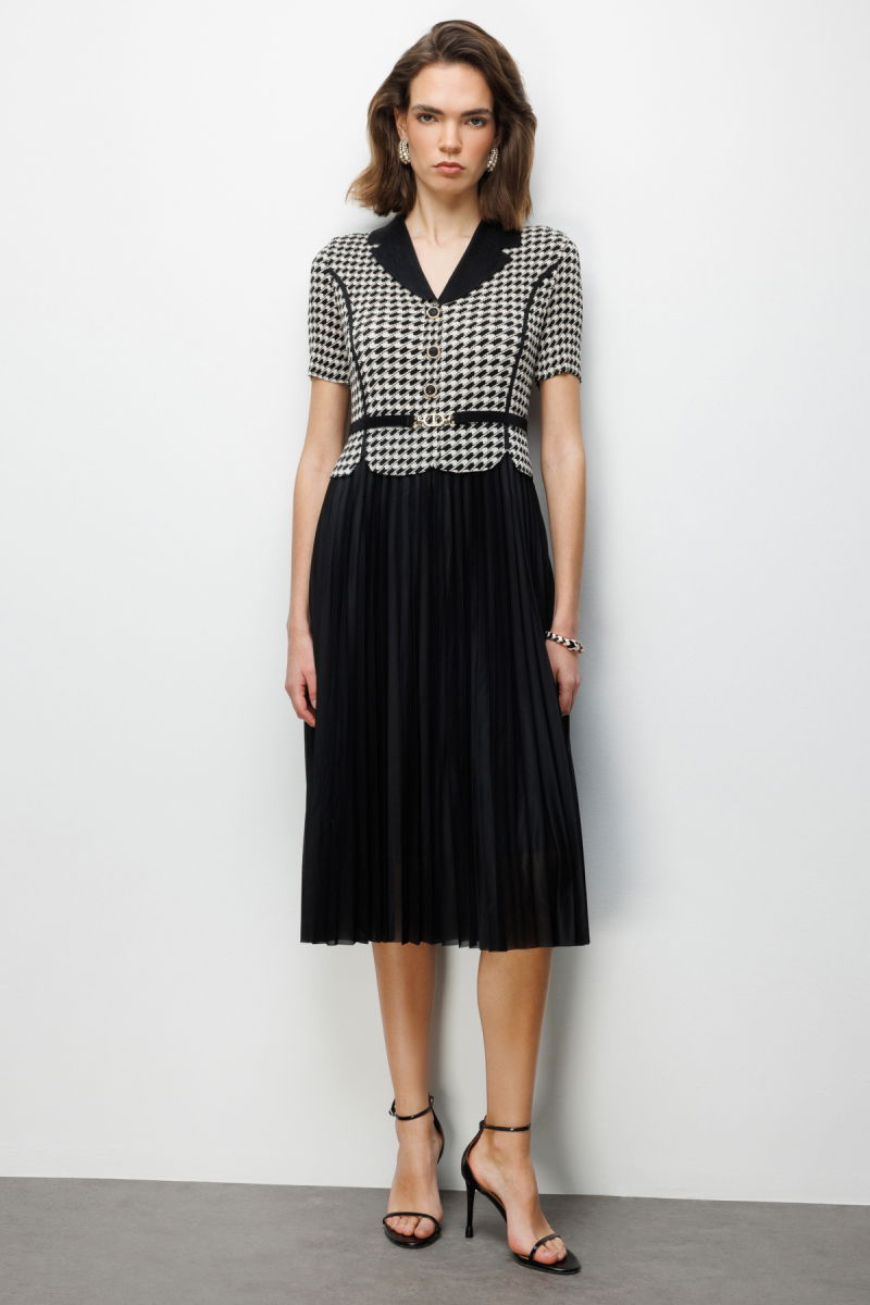 Ekol Kadın Akordiyon Kumaş Desenli Maxi Elbise 6916 Siyah - 2