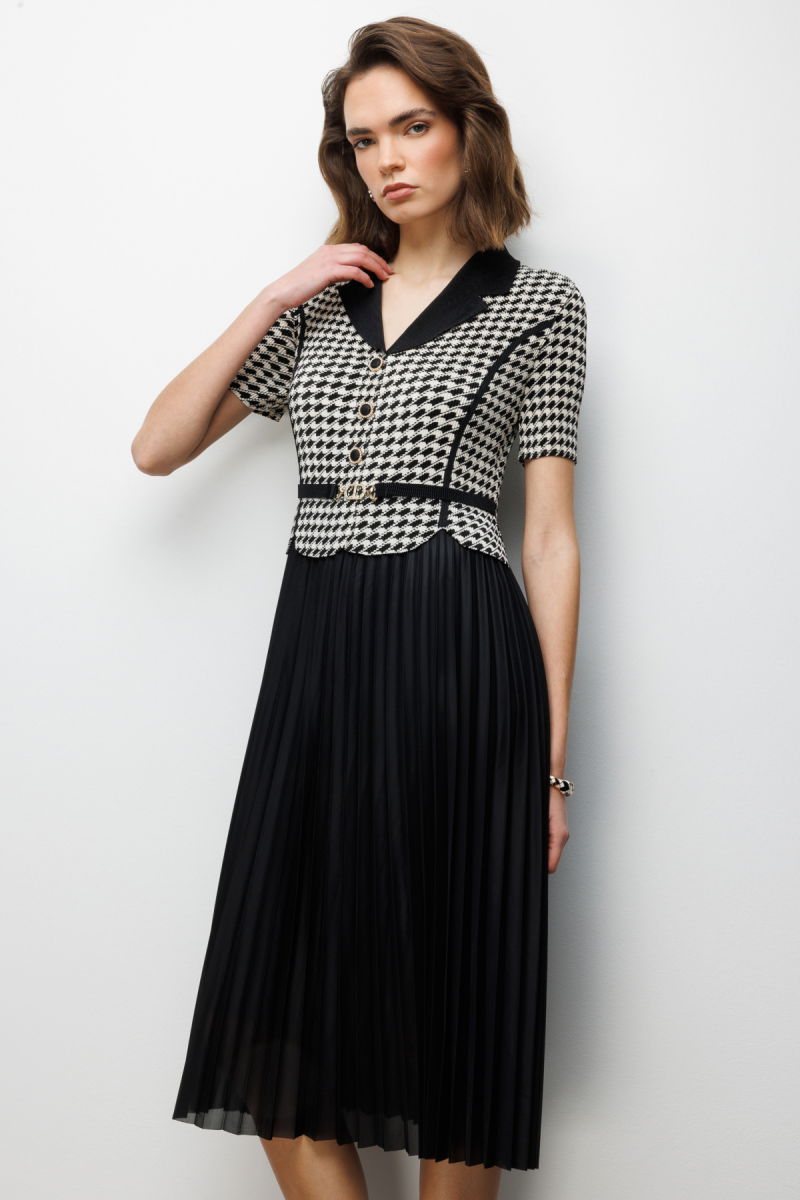 Ekol Kadın Akordiyon Kumaş Desenli Maxi Elbise 6916 Siyah - 3