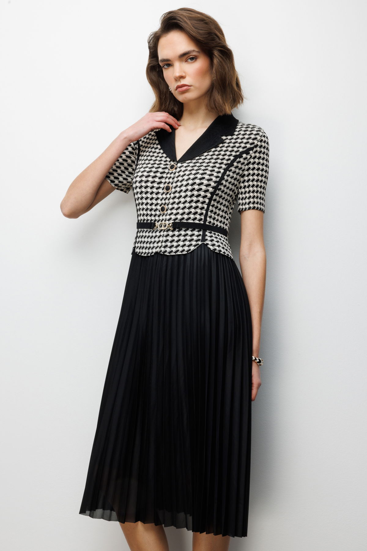 Ekol Kadın Akordiyon Kumaş Desenli Maxi Elbise 6916 Siyah - 3