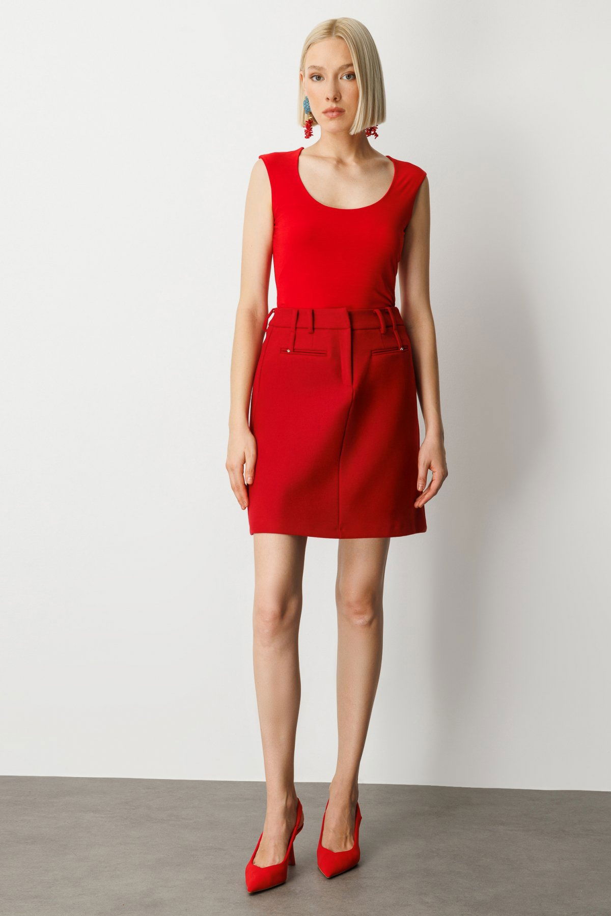 Ekol Kadın Aksesuar Detaylı Mini Kaşe Etek 2003 Kırmızı - 1