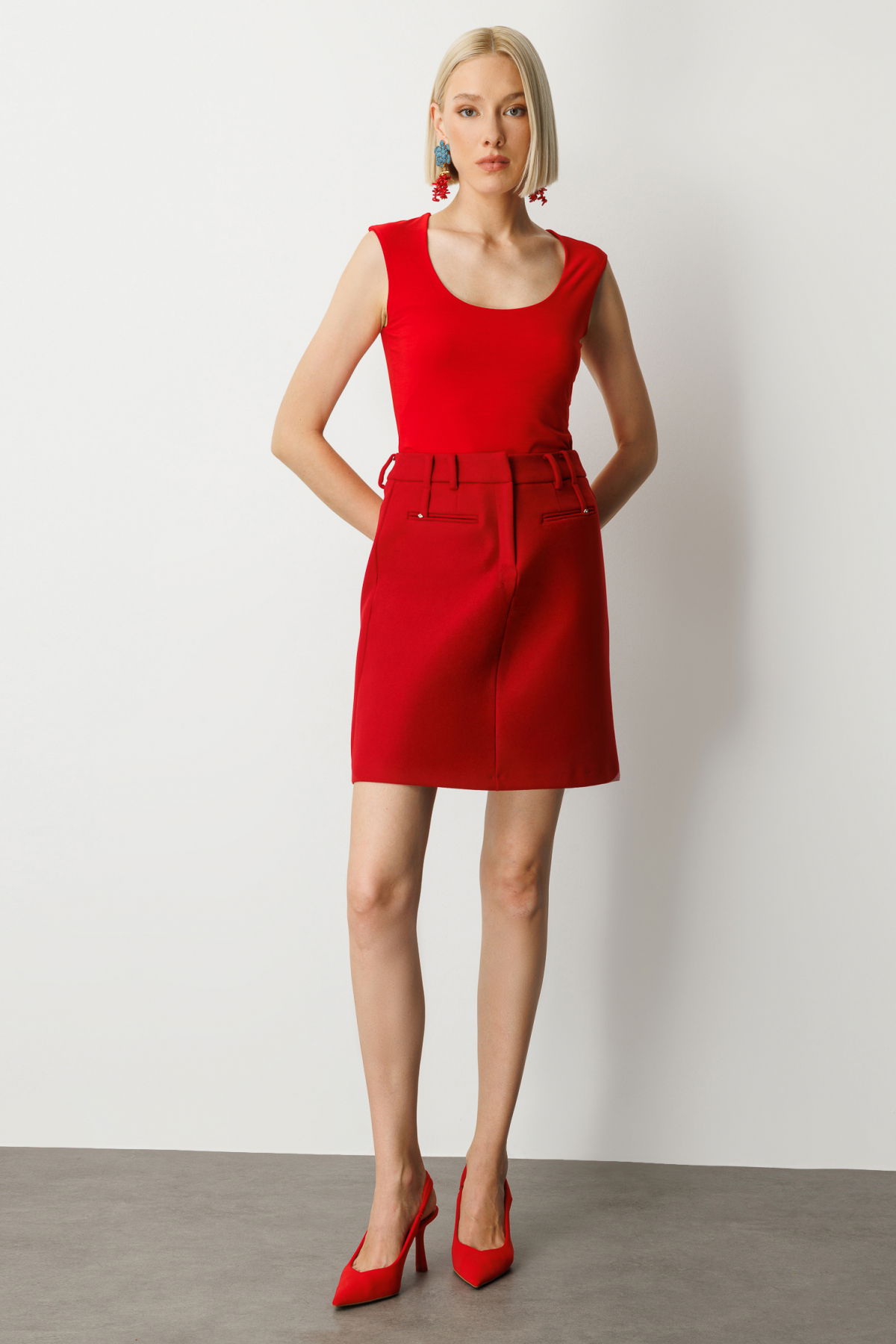 Ekol Kadın Aksesuar Detaylı Mini Kaşe Etek 2003 Kırmızı - 2