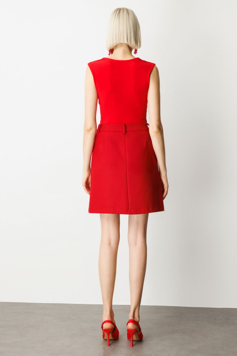 Ekol Kadın Aksesuar Detaylı Mini Kaşe Etek 2003 Kırmızı - 4