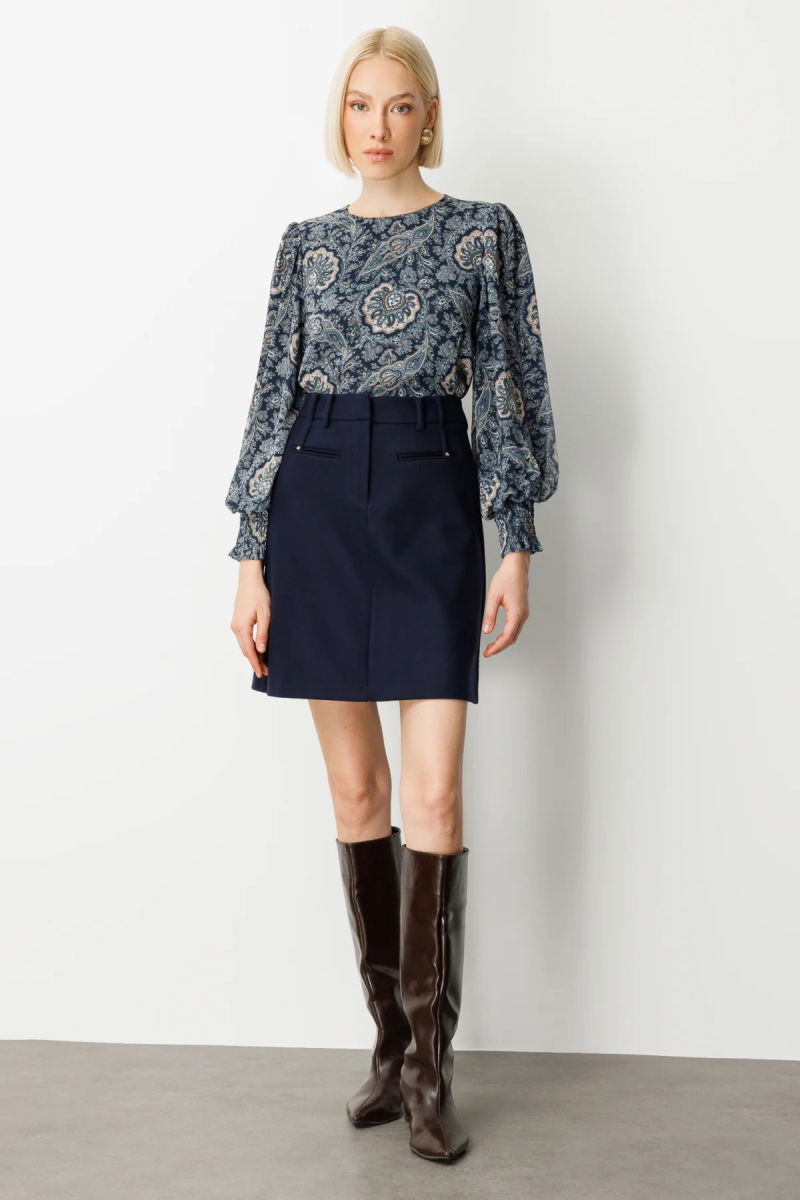 Ekol Kadın Aksesuar Detaylı Mini Kaşe Etek 2003 Lacivert - Ekol