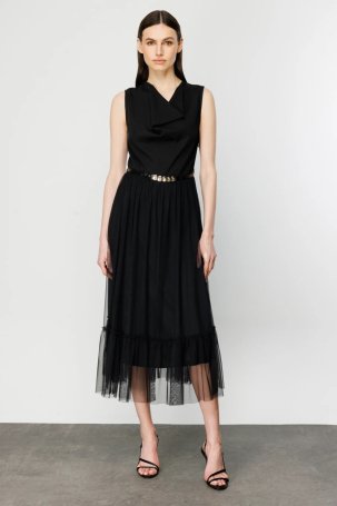 Ekol Kadın Altı Şifon Sıfır Kol Kemerli Elbise 4146 Siyah - 1