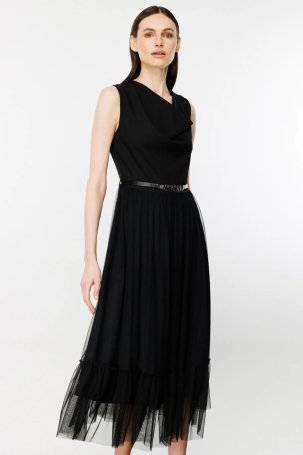 Ekol Kadın Altı Şifon Sıfır Kol Kemerli Elbise 4146 Siyah - 3