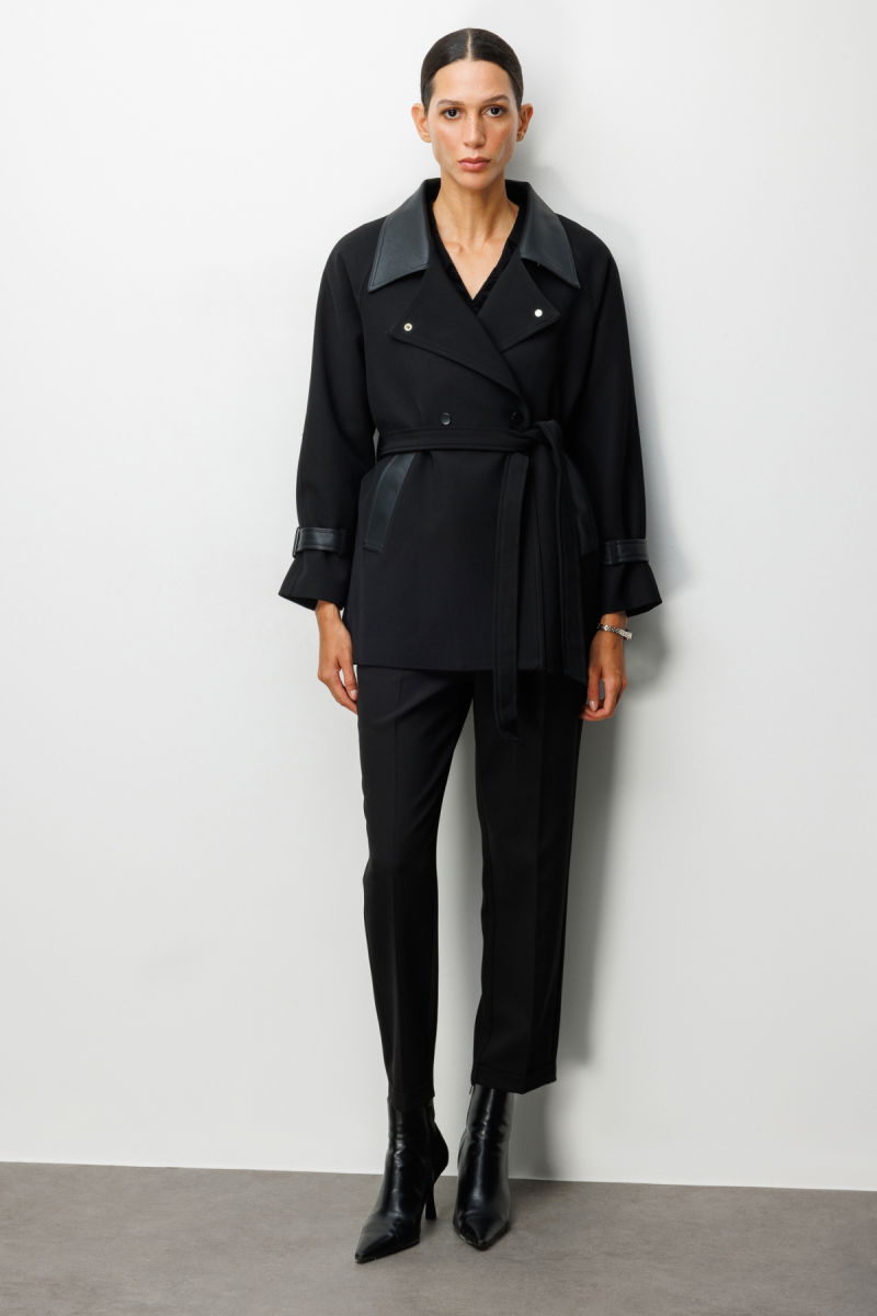 Ekol Kadın Apoletli Deri Detaylı Trenç 7905 Siyah - 3