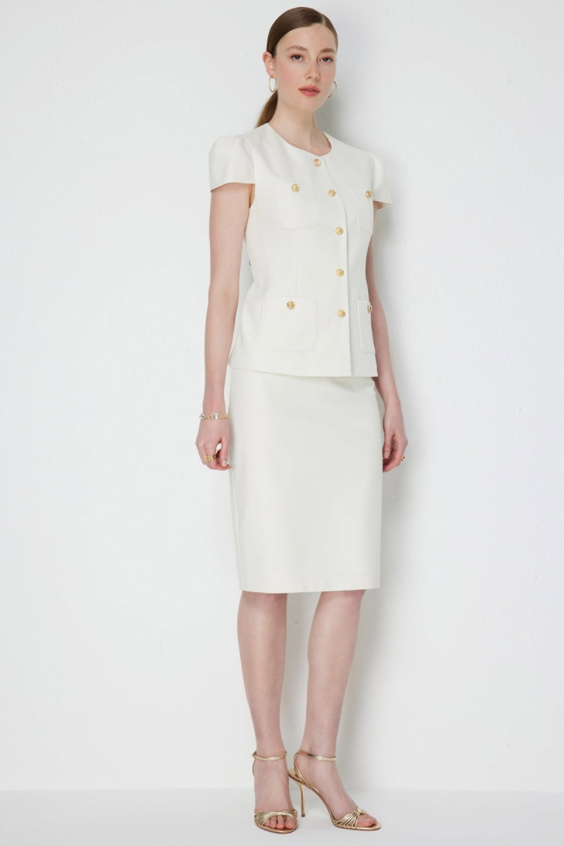 Ekol Kadın Arkası Yırtmaçlı Kalem Etek 1040 Ekru - 2