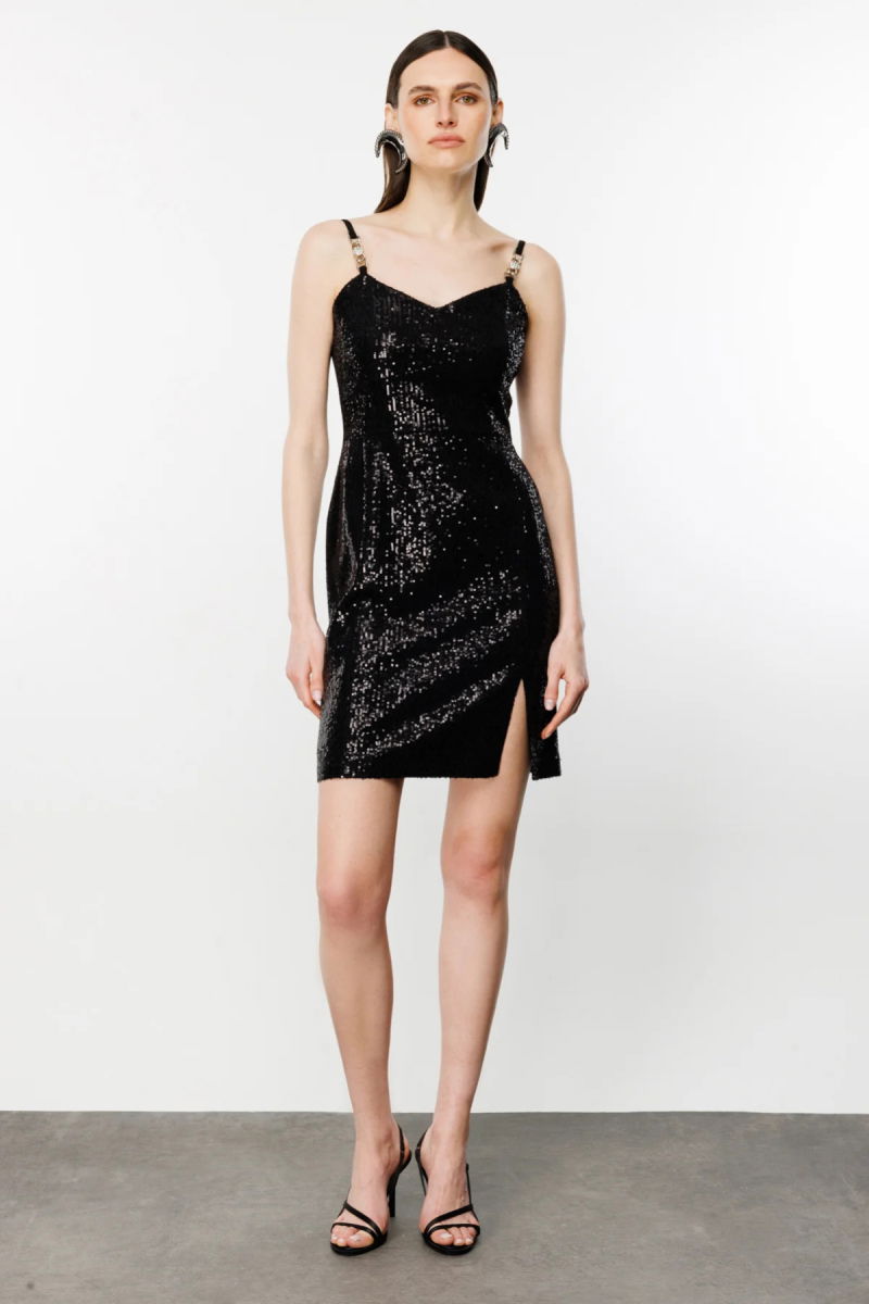 Ekol Kadın Askıları Metal Aksesuarlı Mini Elbise 4102 Siyah - 1