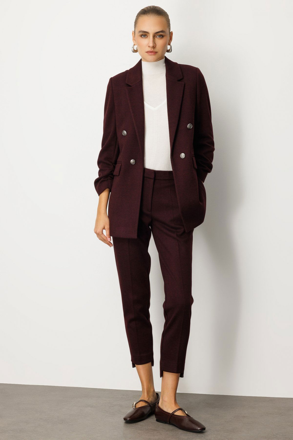 Ekol Kadın Balıksırtı Desenli Dar Paça Pantolon 5189 Bordo - 1