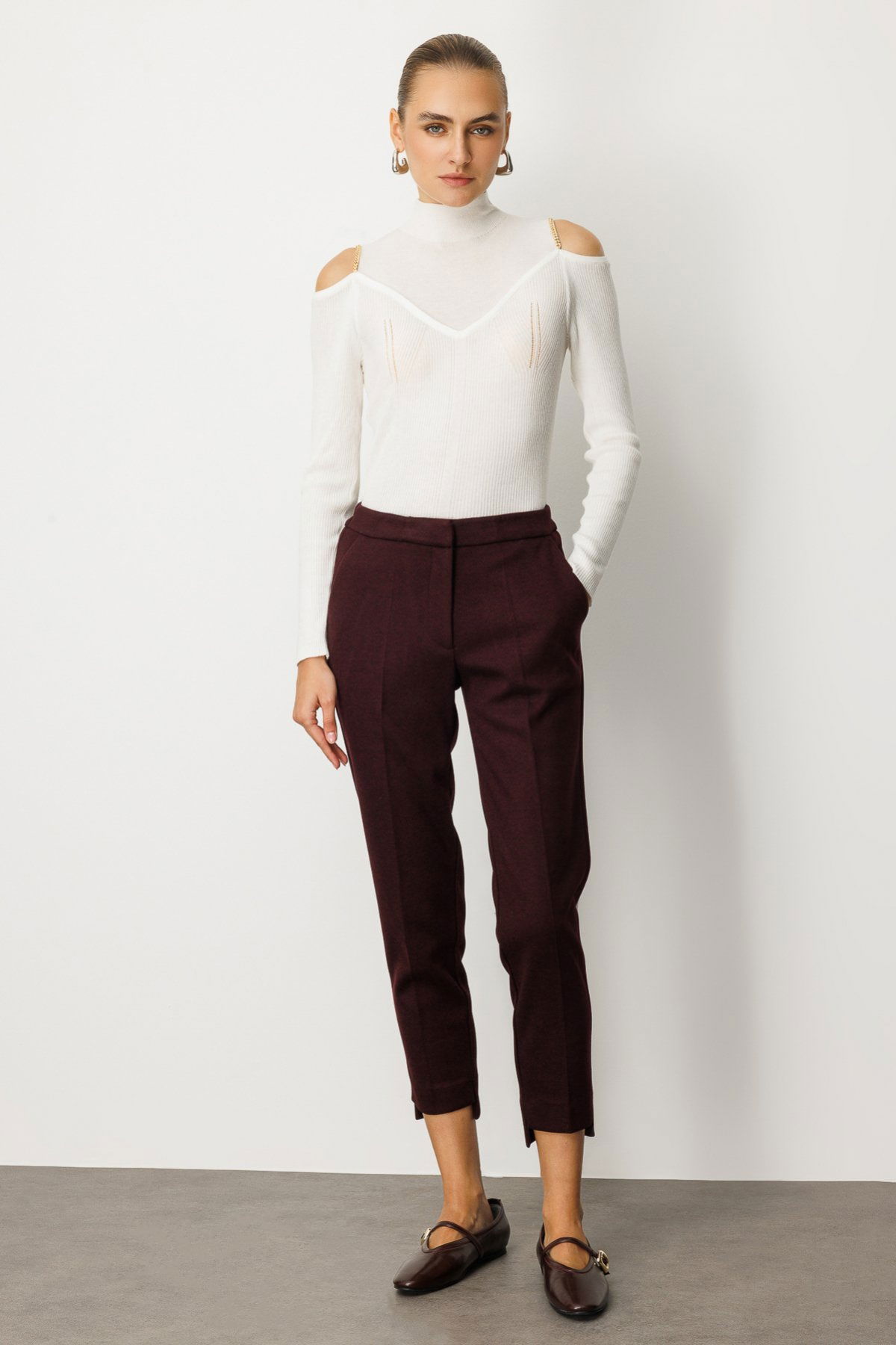 Ekol Kadın Balıksırtı Desenli Dar Paça Pantolon 5189 Bordo - 3