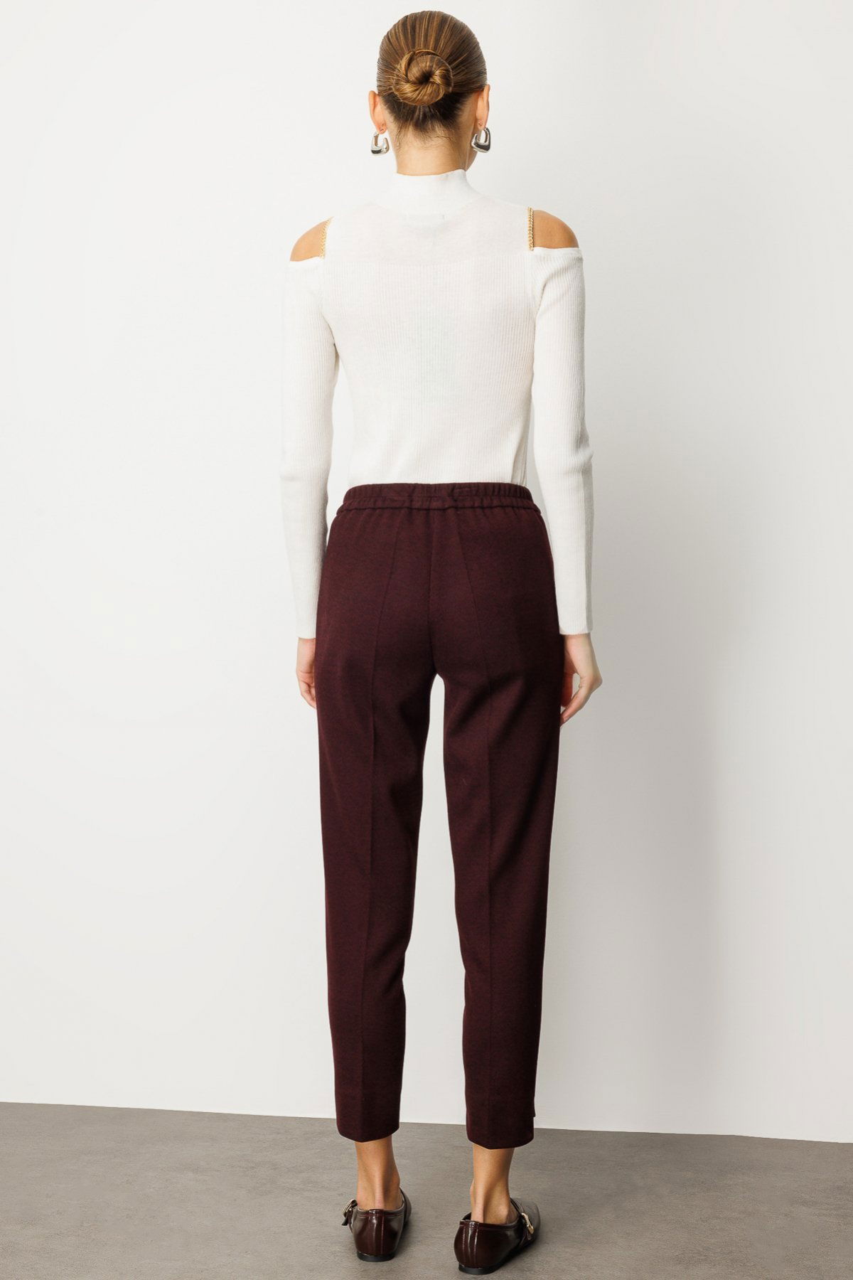 Ekol Kadın Balıksırtı Desenli Dar Paça Pantolon 5189 Bordo - 4