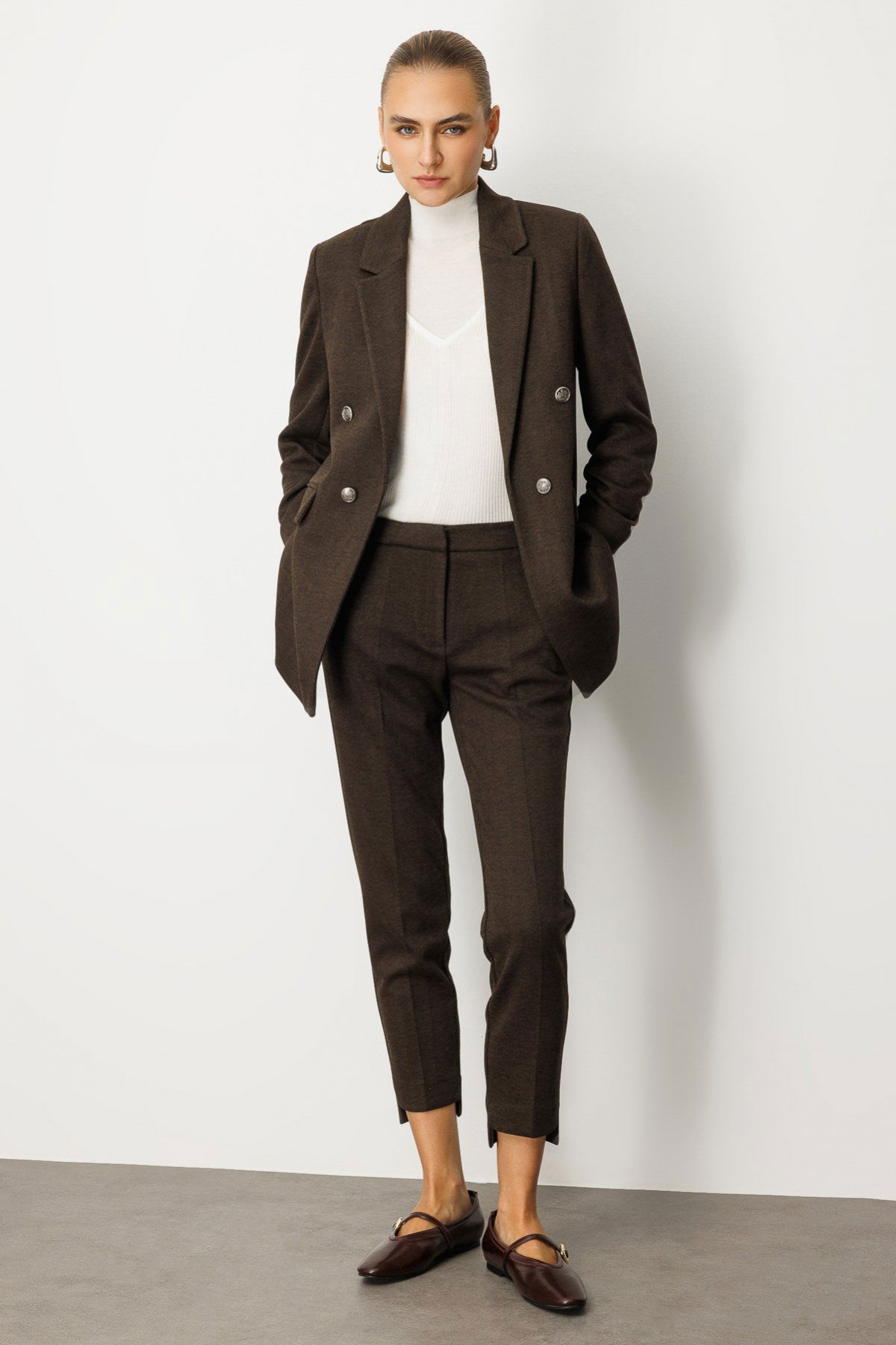 Ekol Kadın Balıksırtı Desenli Dar Paça Pantolon 5189 Kahverengi - 1