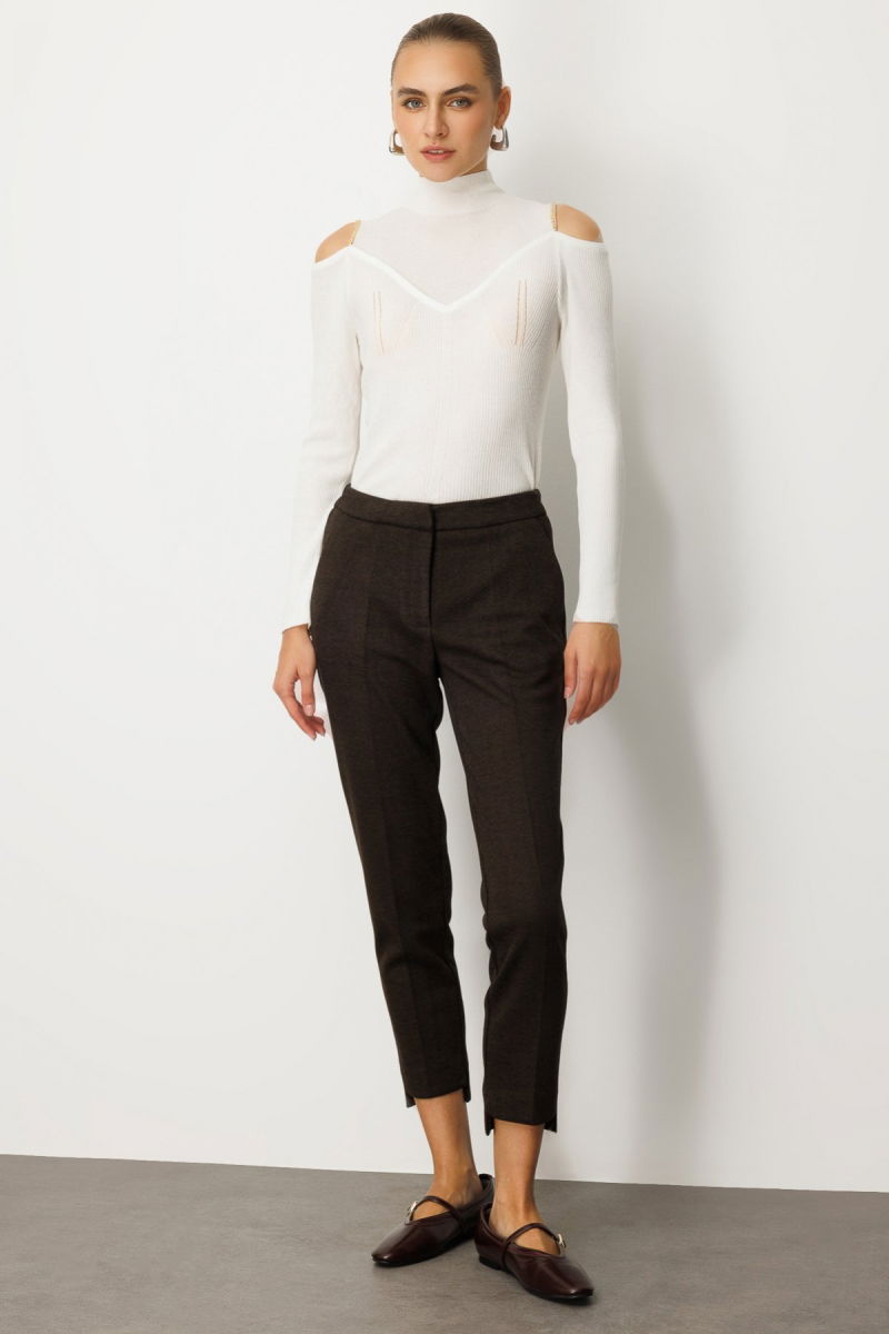 Ekol Kadın Balıksırtı Desenli Dar Paça Pantolon 5189 Kahverengi - 2