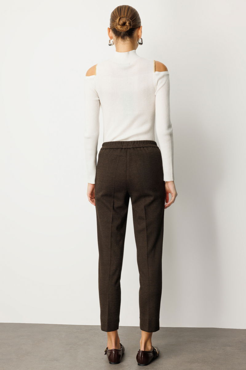 Ekol Kadın Balıksırtı Desenli Dar Paça Pantolon 5189 Kahverengi - 4