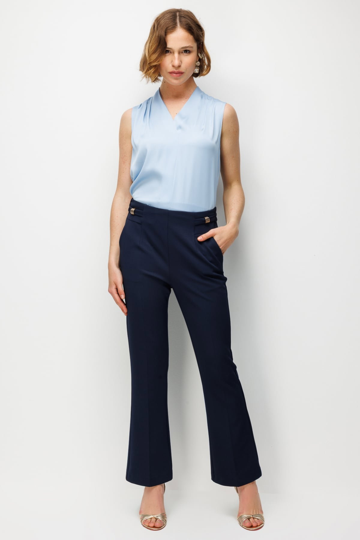 Ekol Kadın Beli Aksesuarlı İspanyol Paça Pantolon 4042 Lacivert - 1