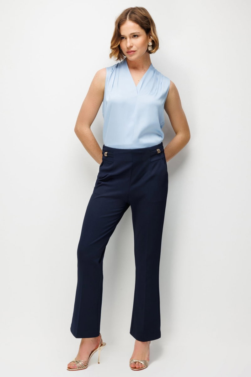 Ekol Kadın Beli Aksesuarlı İspanyol Paça Pantolon 4042 Lacivert - 2