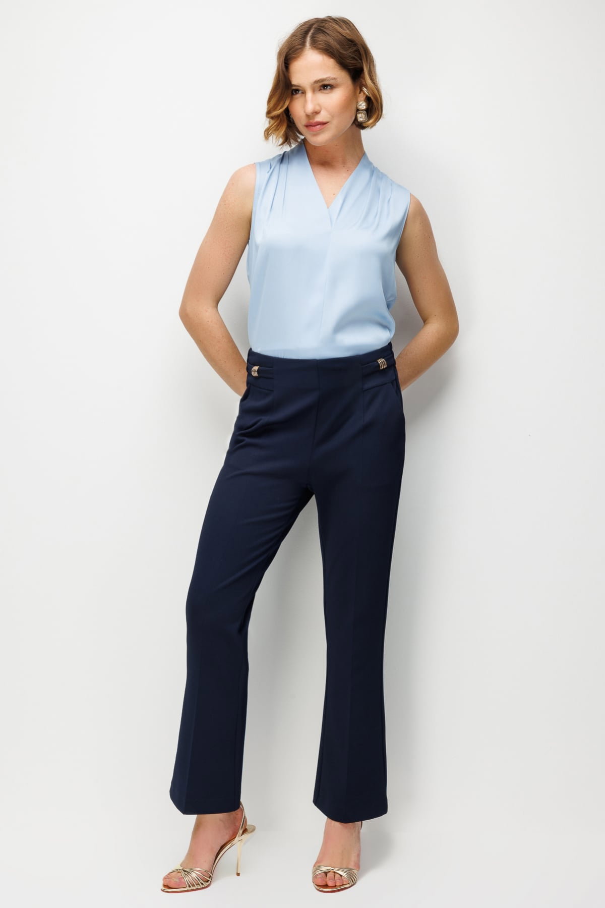Ekol Kadın Beli Aksesuarlı İspanyol Paça Pantolon 4042 Lacivert - 2