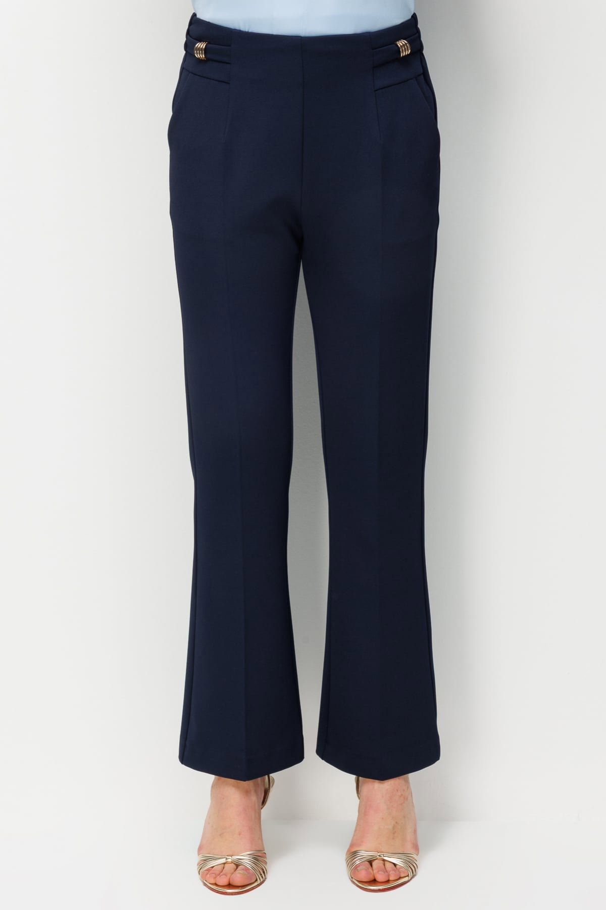 Ekol Kadın Beli Aksesuarlı İspanyol Paça Pantolon 4042 Lacivert - 3
