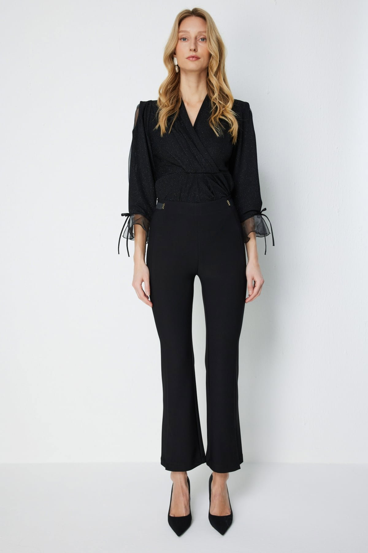 Ekol Kadın Beli Aksesuarlı Paçası Yırtmaçlı Pantolon 4928 Siyah - 1