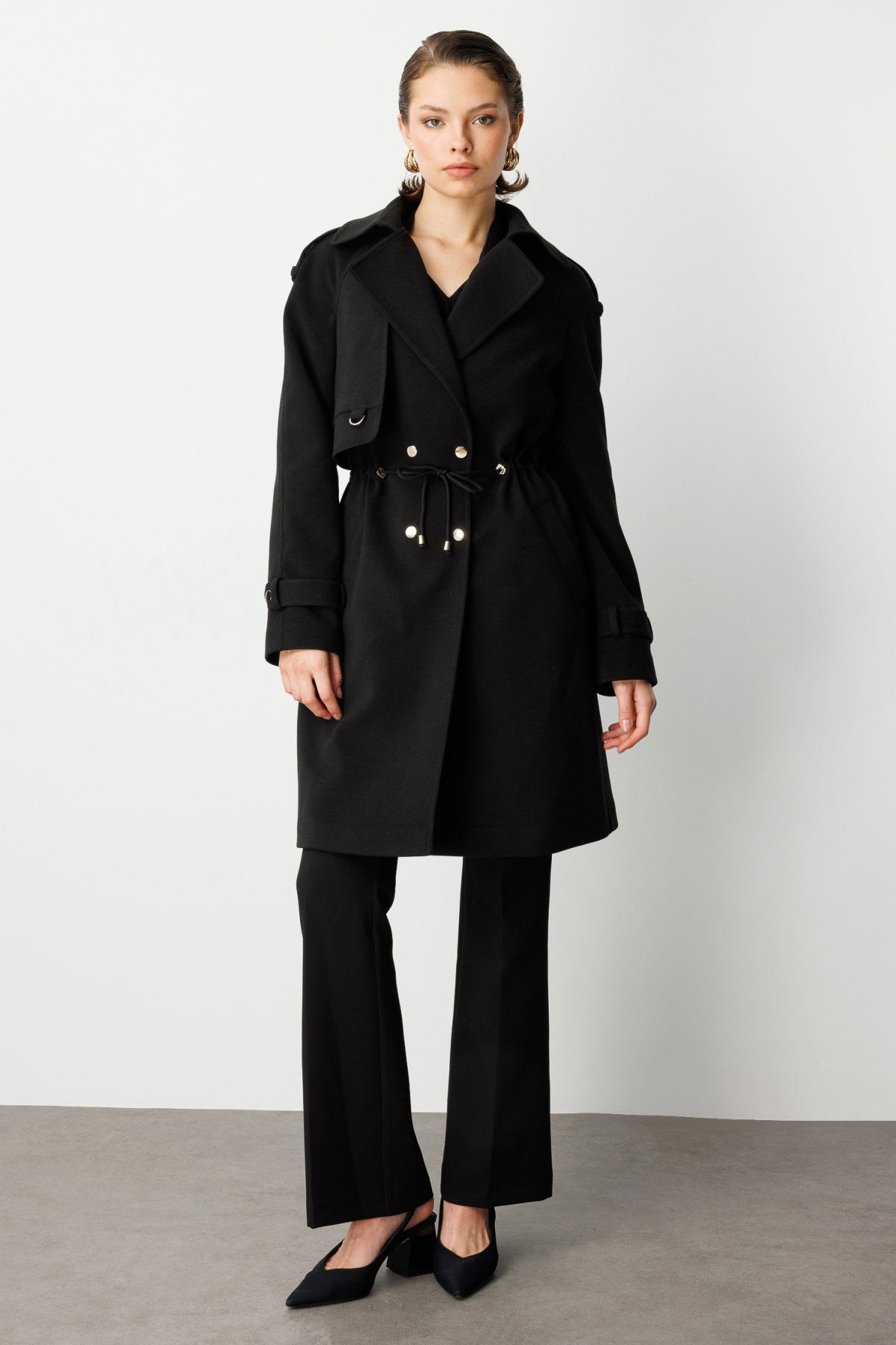 Ekol Kadın Beli Bağcıklı Apoletli Kaban 6037 Siyah - 1