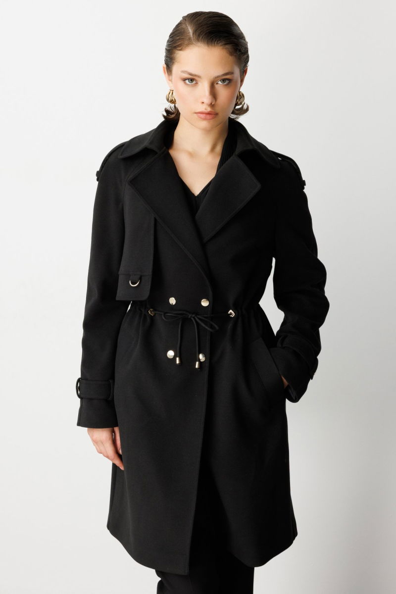 Ekol Kadın Beli Bağcıklı Apoletli Kaban 6037 Siyah - 2