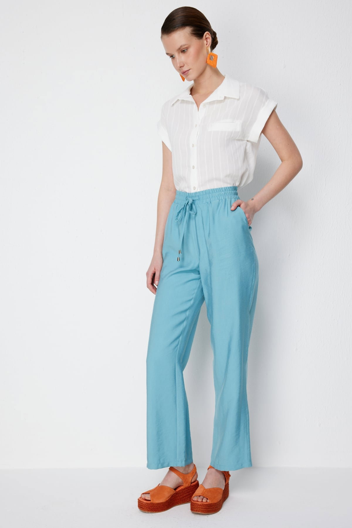 Ekol Kadın Beli Bağcıklı Bol Paça Pantolon 1204 Aqua - 3