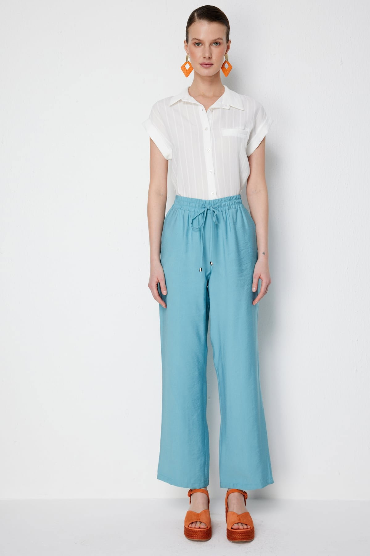 Ekol Kadın Beli Bağcıklı Bol Paça Pantolon 1204 Aqua - 4