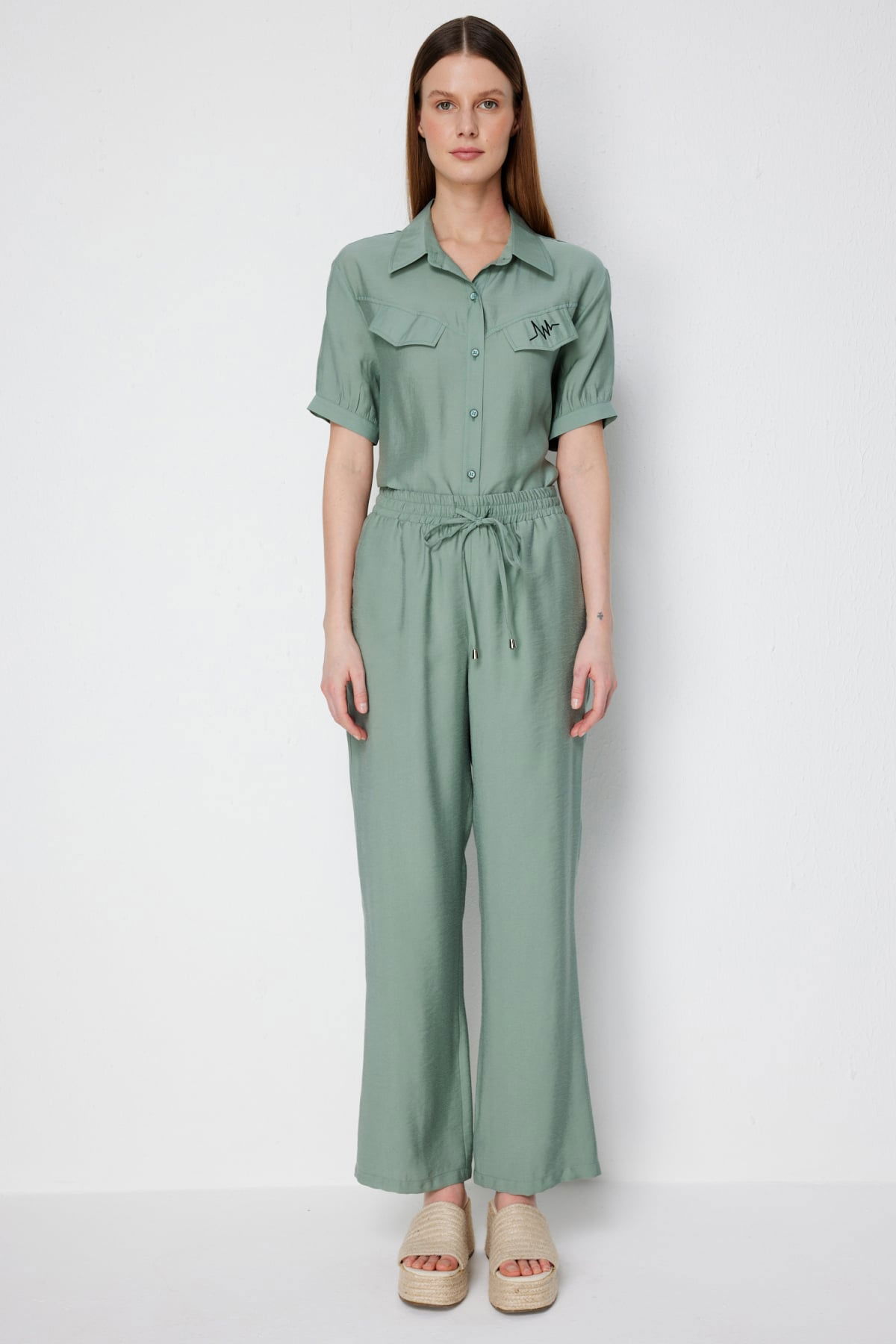 Ekol Kadın Beli Bağcıklı Bol Paça Pantolon 1204 Mint - 1