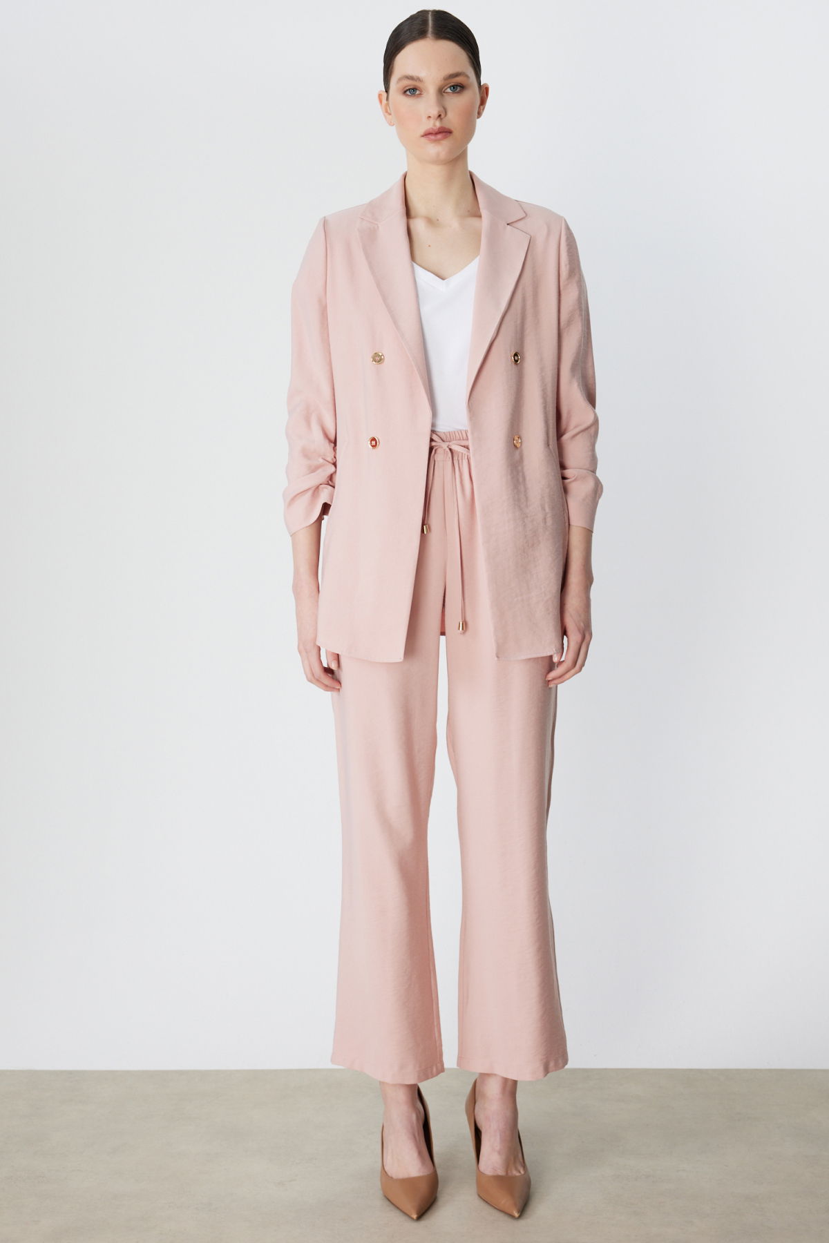 Ekol Kadın Beli Bağcıklı Bol Paça Pantolon 1204 Pudra - 1