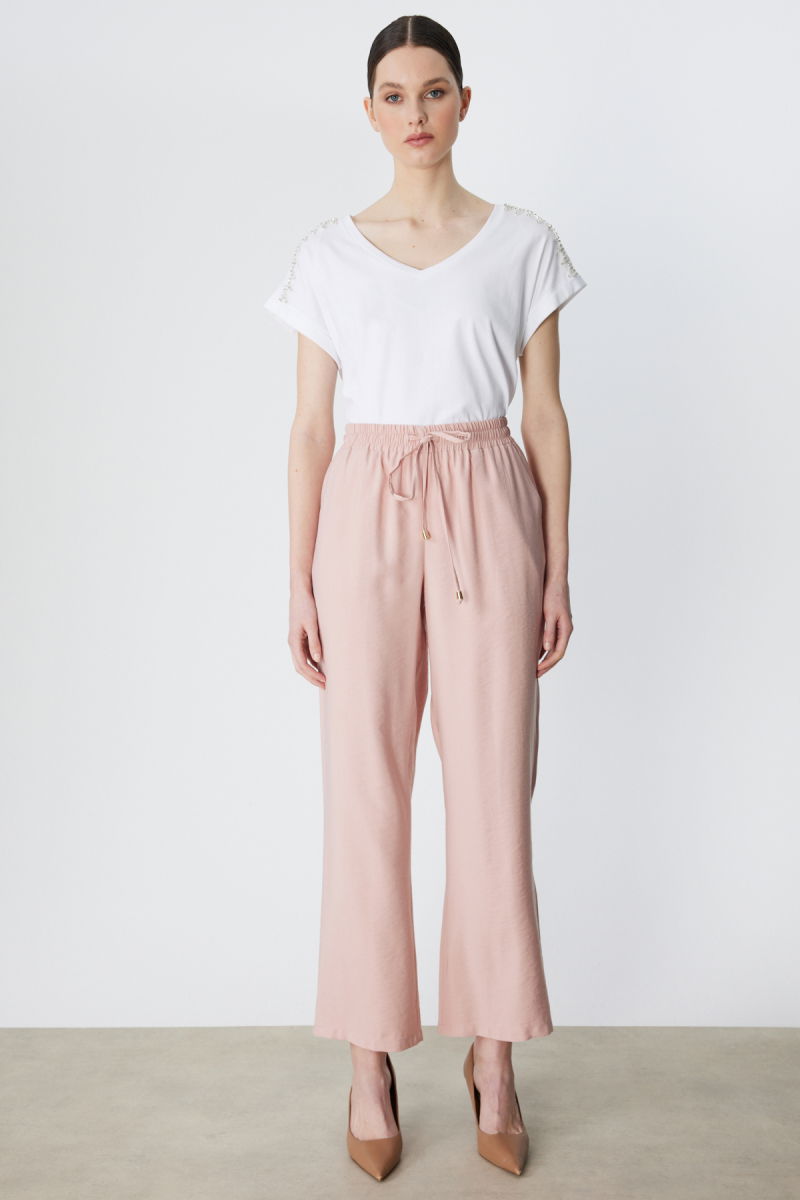 Ekol Kadın Beli Bağcıklı Bol Paça Pantolon 1204 Pudra - 2