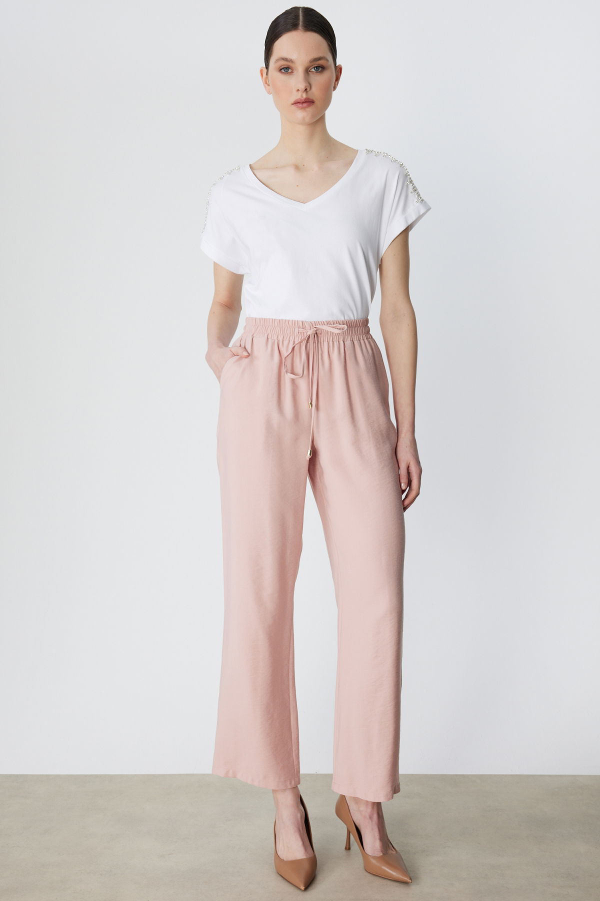 Ekol Kadın Beli Bağcıklı Bol Paça Pantolon 1204 Pudra - 3