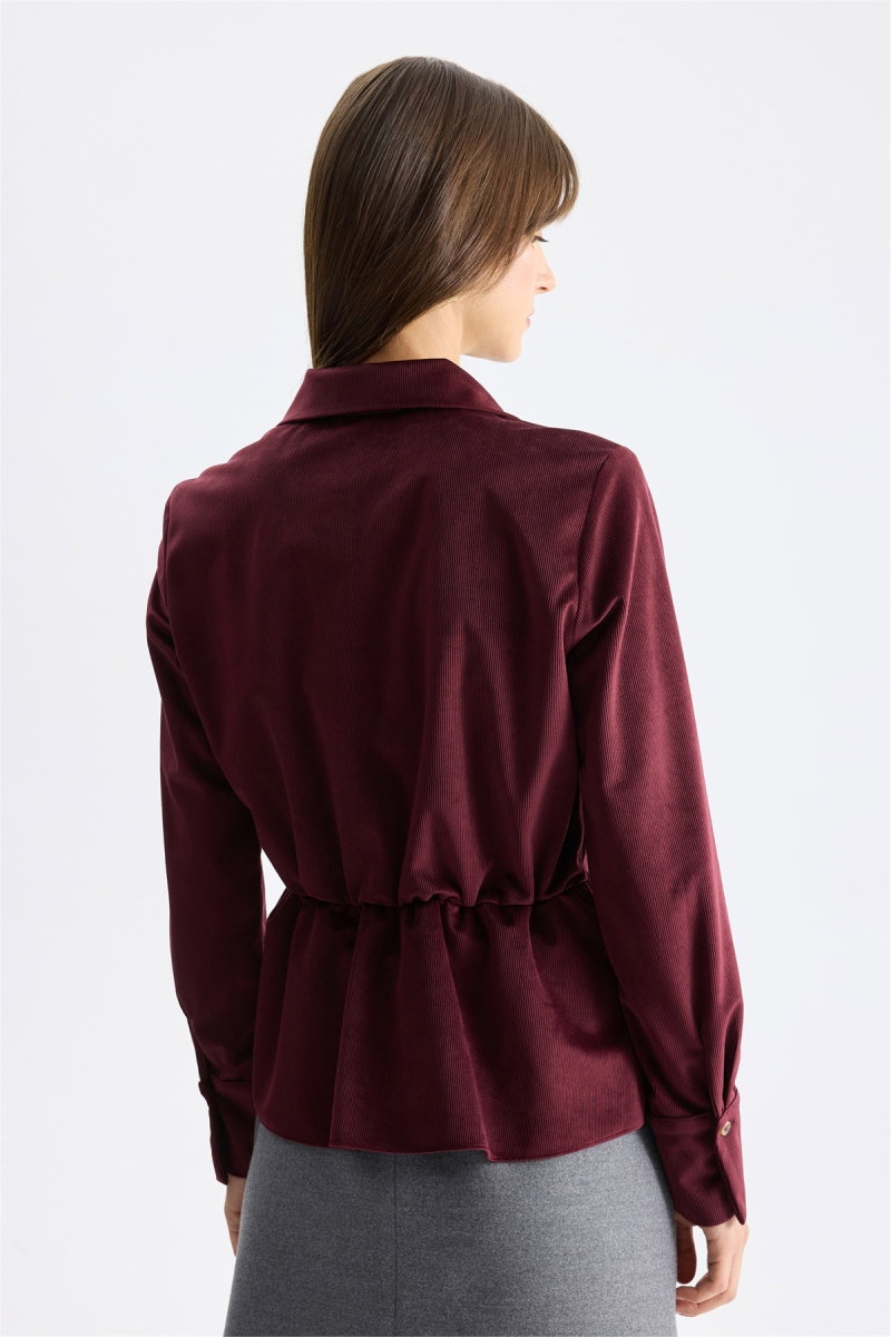Ekol Kadın Beli Bağcıklı Kadife Bluz Bordo - 4