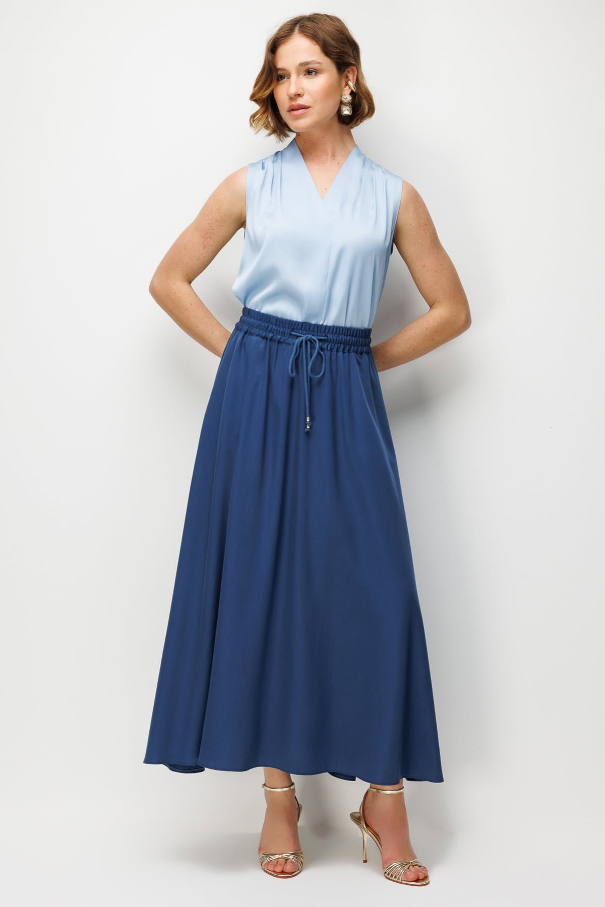 Ekol Kadın Beli Bağcıklı Pileli Maxi Etek 3038 Indigo - 1