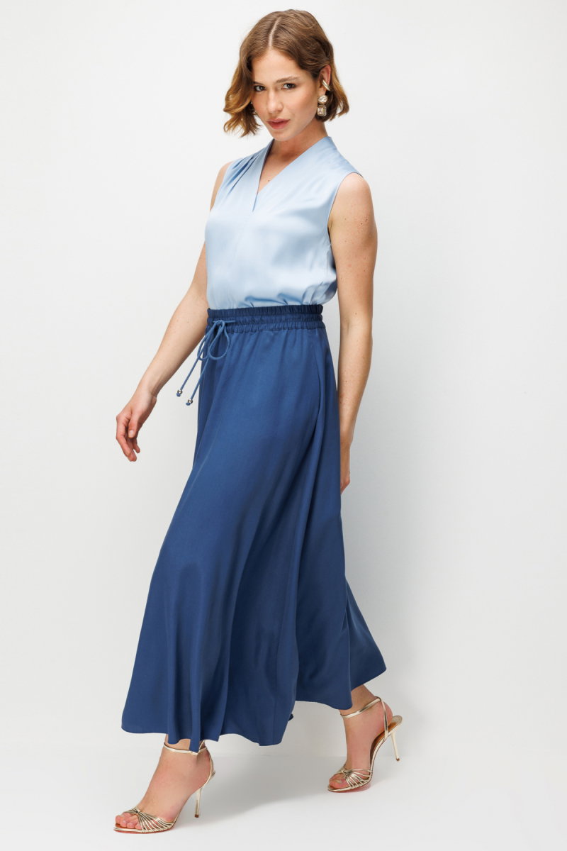 Ekol Kadın Beli Bağcıklı Pileli Maxi Etek 3038 Indigo - 2