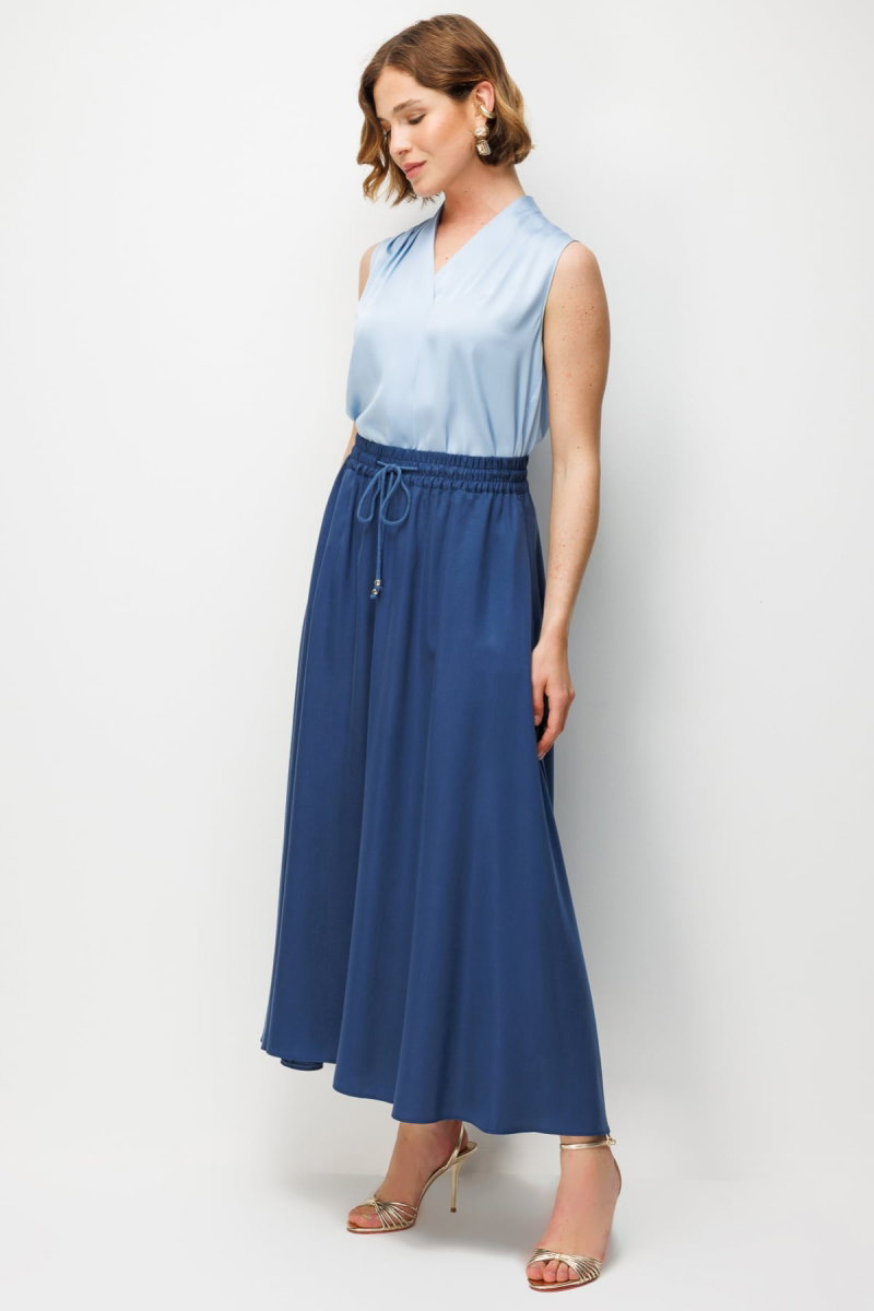 Ekol Kadın Beli Bağcıklı Pileli Maxi Etek 3038 Indigo - 3