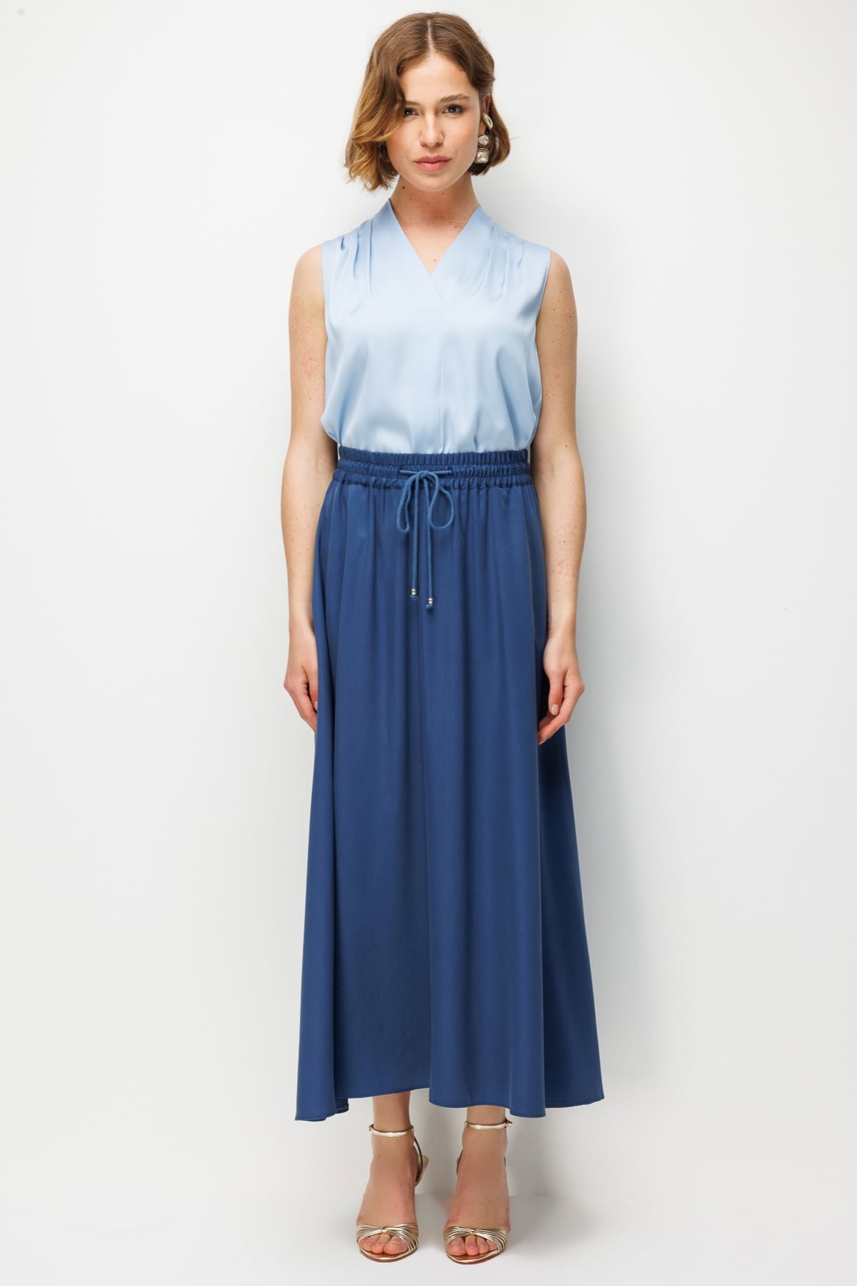 Ekol Kadın Beli Bağcıklı Pileli Maxi Etek 3038 Indigo - 4