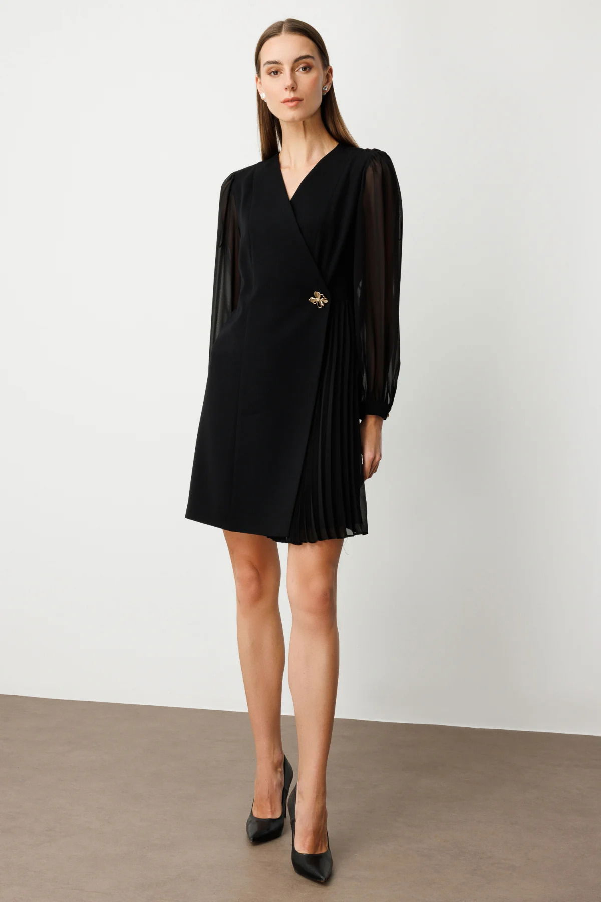 Ekol Kadın Beli Broşlu Kolları Tül Elbise 4039 Siyah - 1