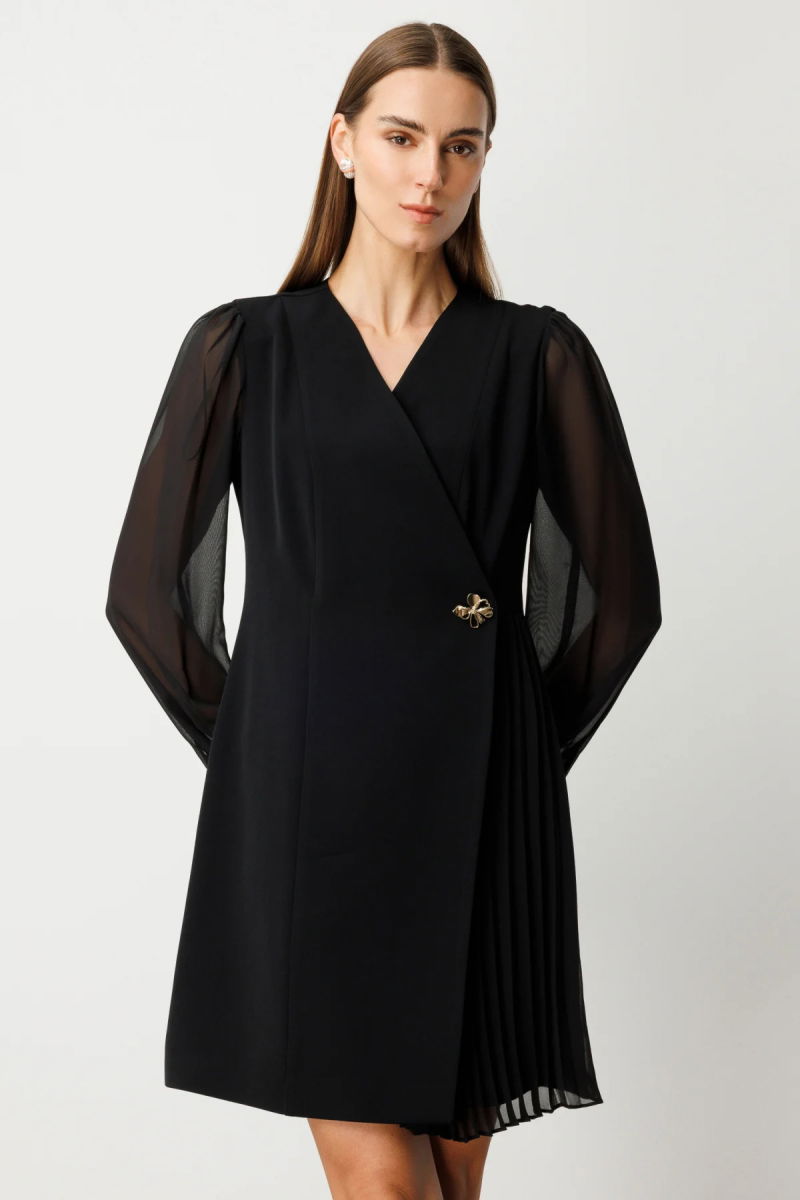 Ekol Kadın Beli Broşlu Kolları Tül Elbise 4039 Siyah - 2
