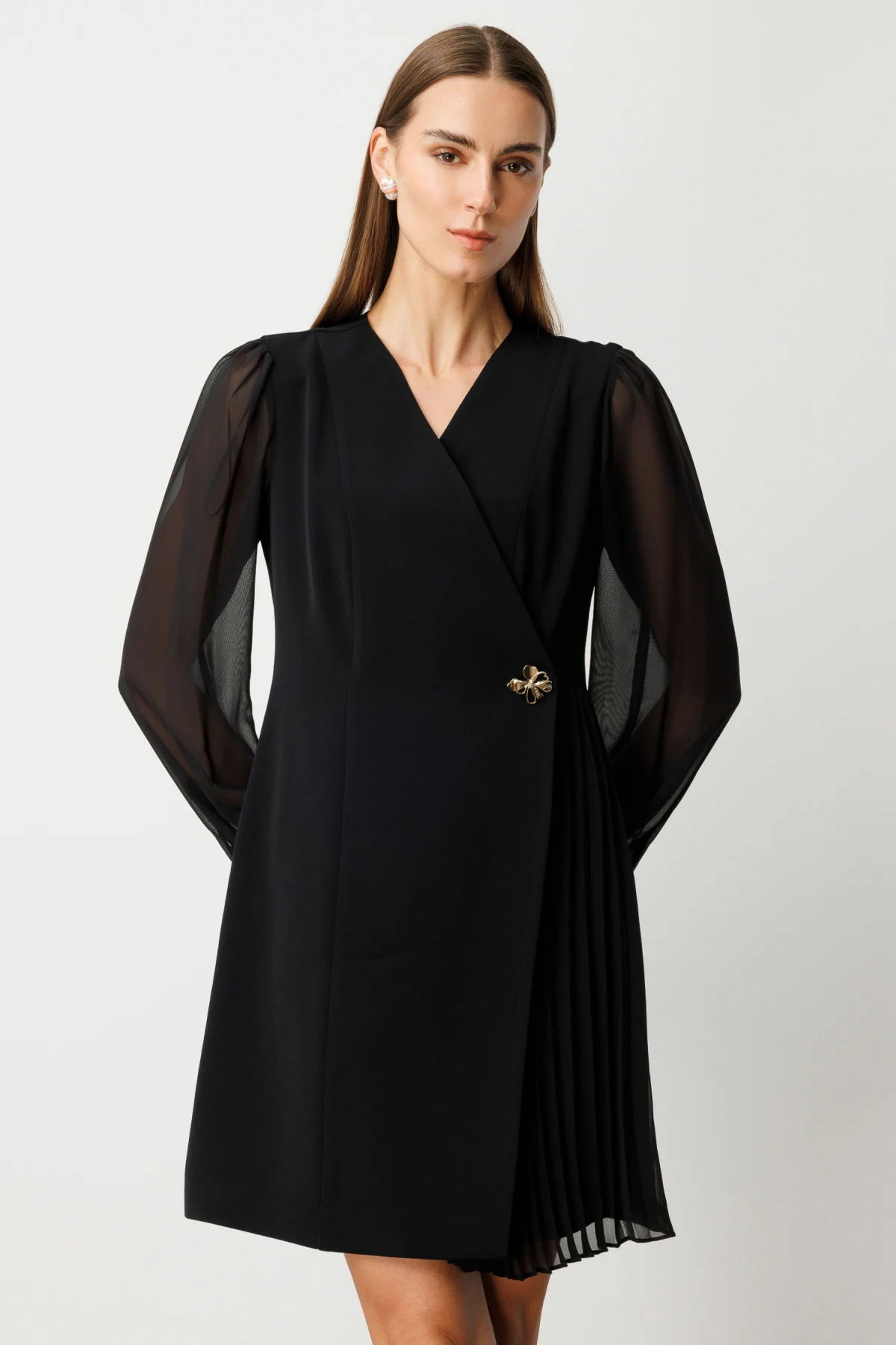 Ekol Kadın Beli Broşlu Kolları Tül Elbise 4039 Siyah - 2